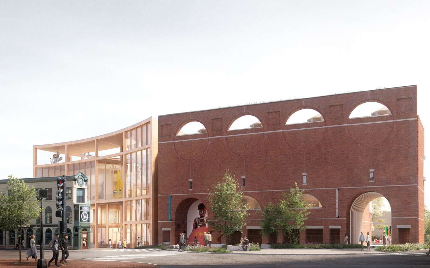 rendering of big brick building with arches