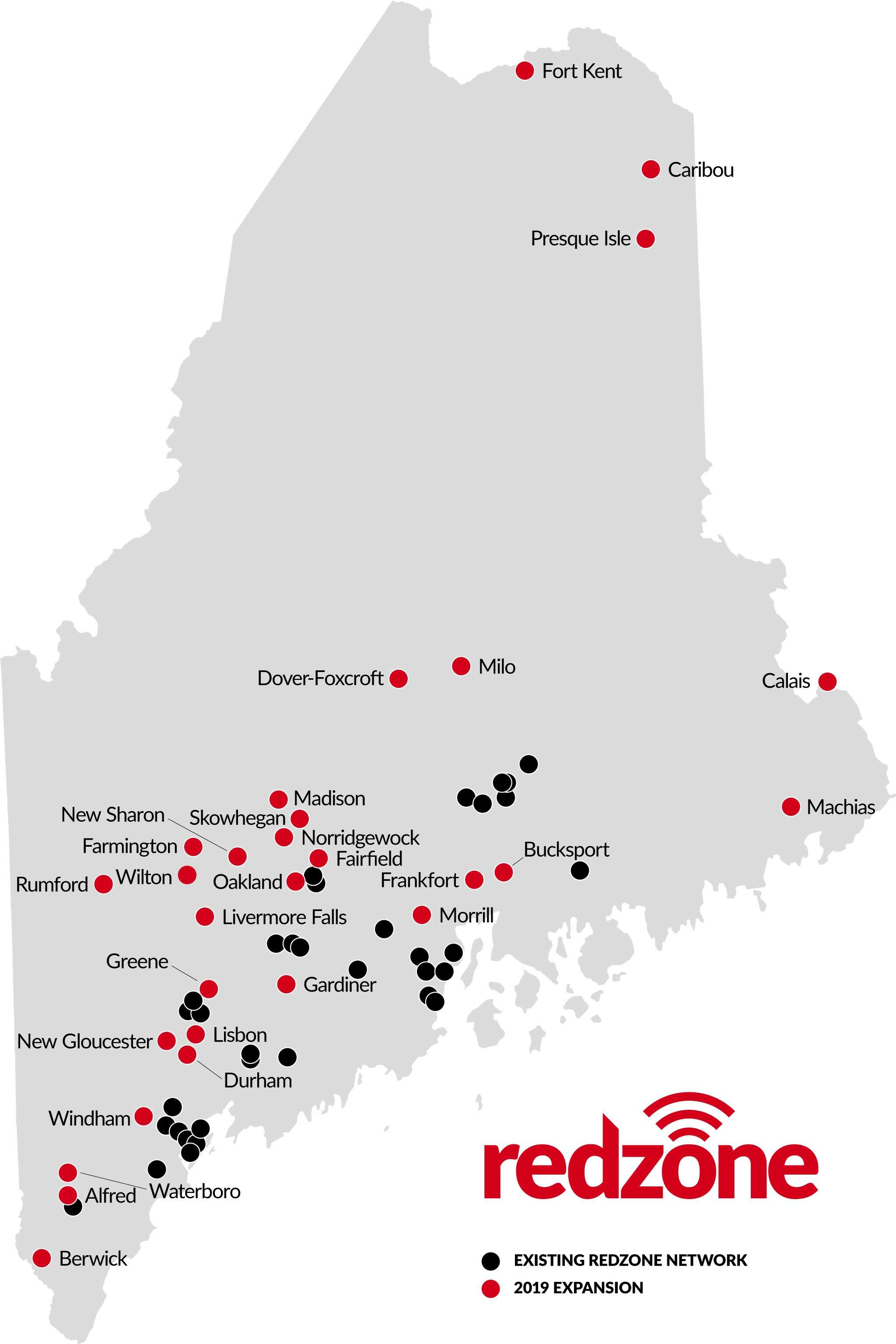 A map of Maine showing Redzone's expansion