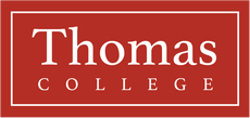 Thomas College written in white against red background 