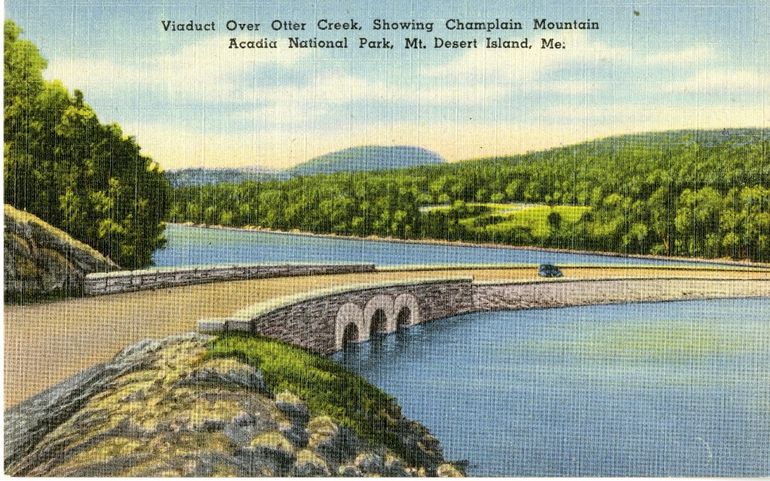 old postcard of causeway and hills