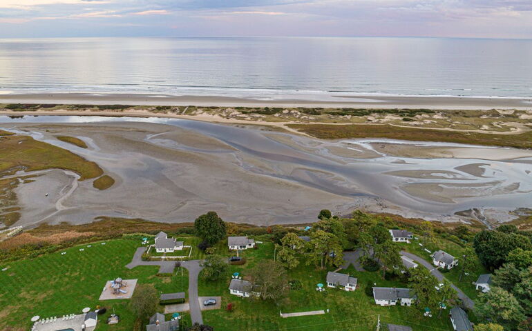 aerial of cottages and mudflats