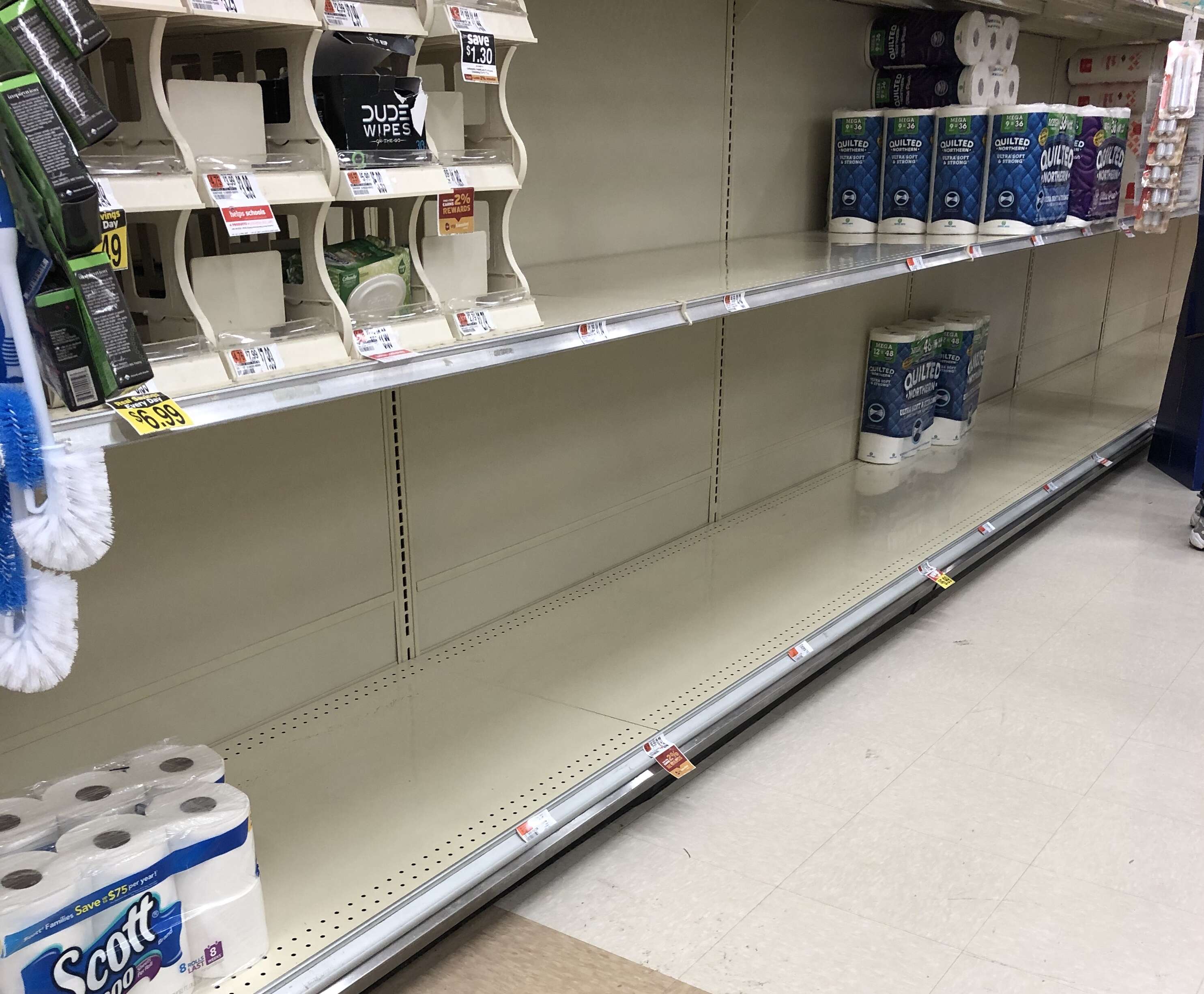 Bath tissue aisle (with lots of empty shelves) at Hannaford in Augusta