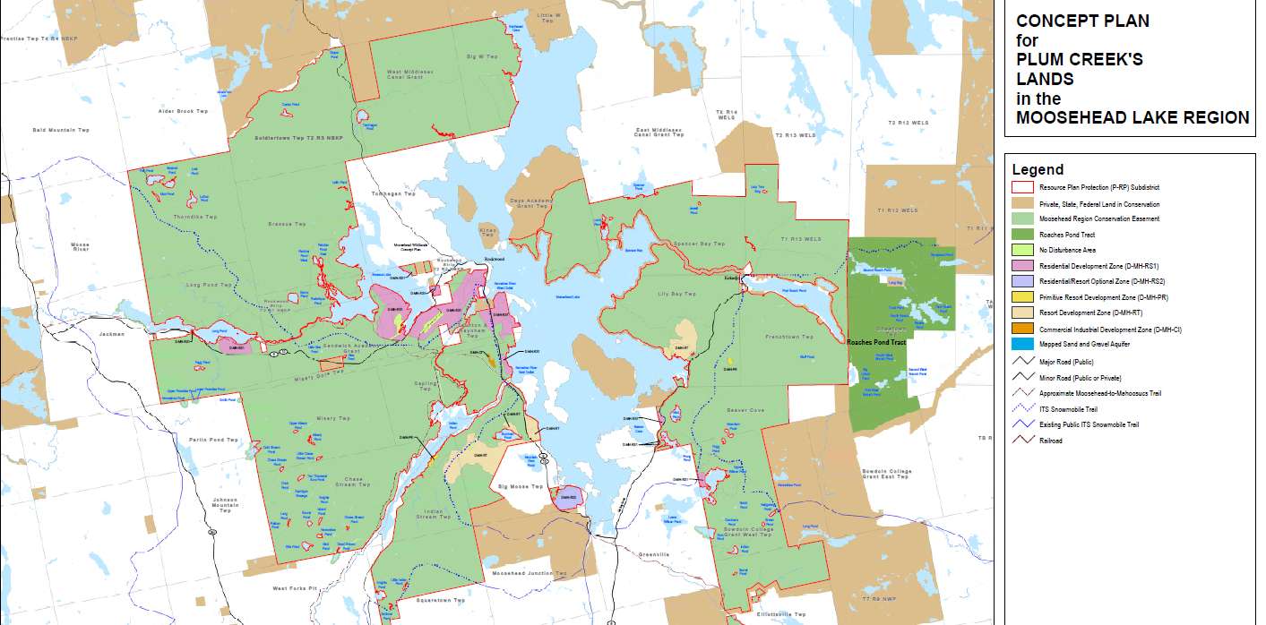 A map showing moosehea lake and different colored areas for zoning