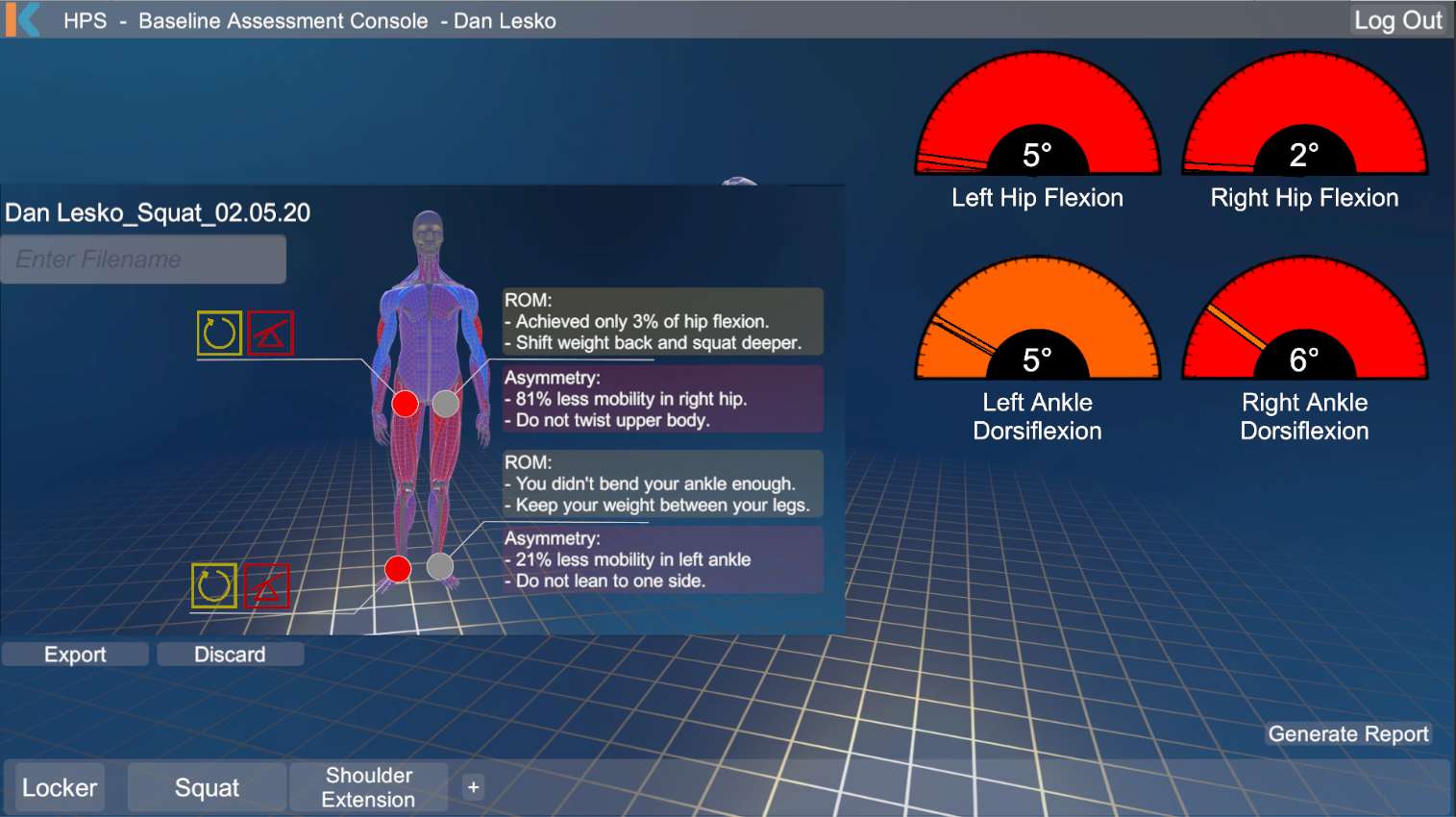 KinoTek screen showing an example of its real-time injury risk report.