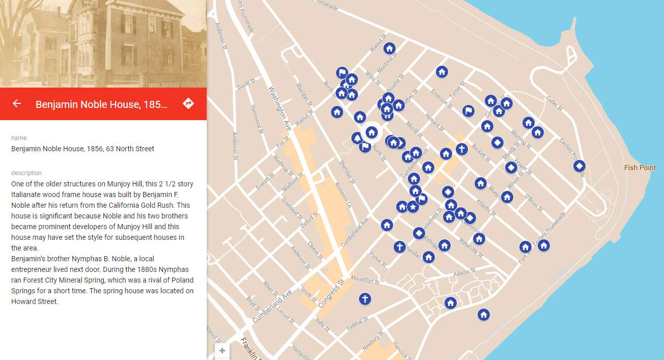 A map of Portland's munjoy hill with icons showing houses and other property and a pop out box about the historic Noble House