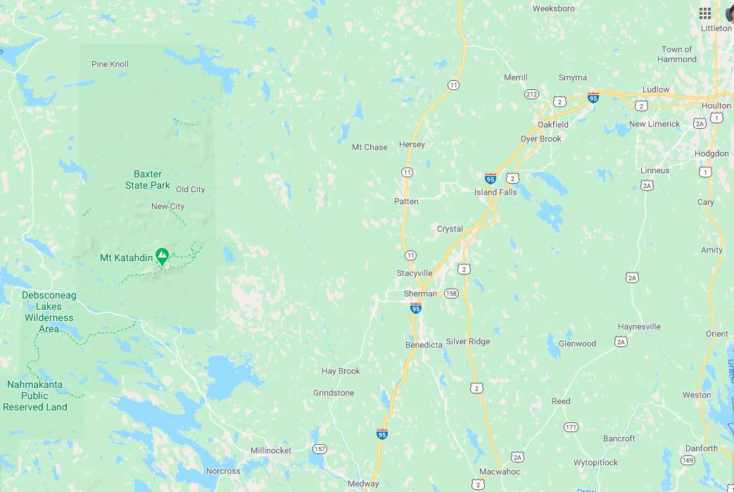 A map showing where Baxter State Park is relative to interstate 95, Millinocket and other towns