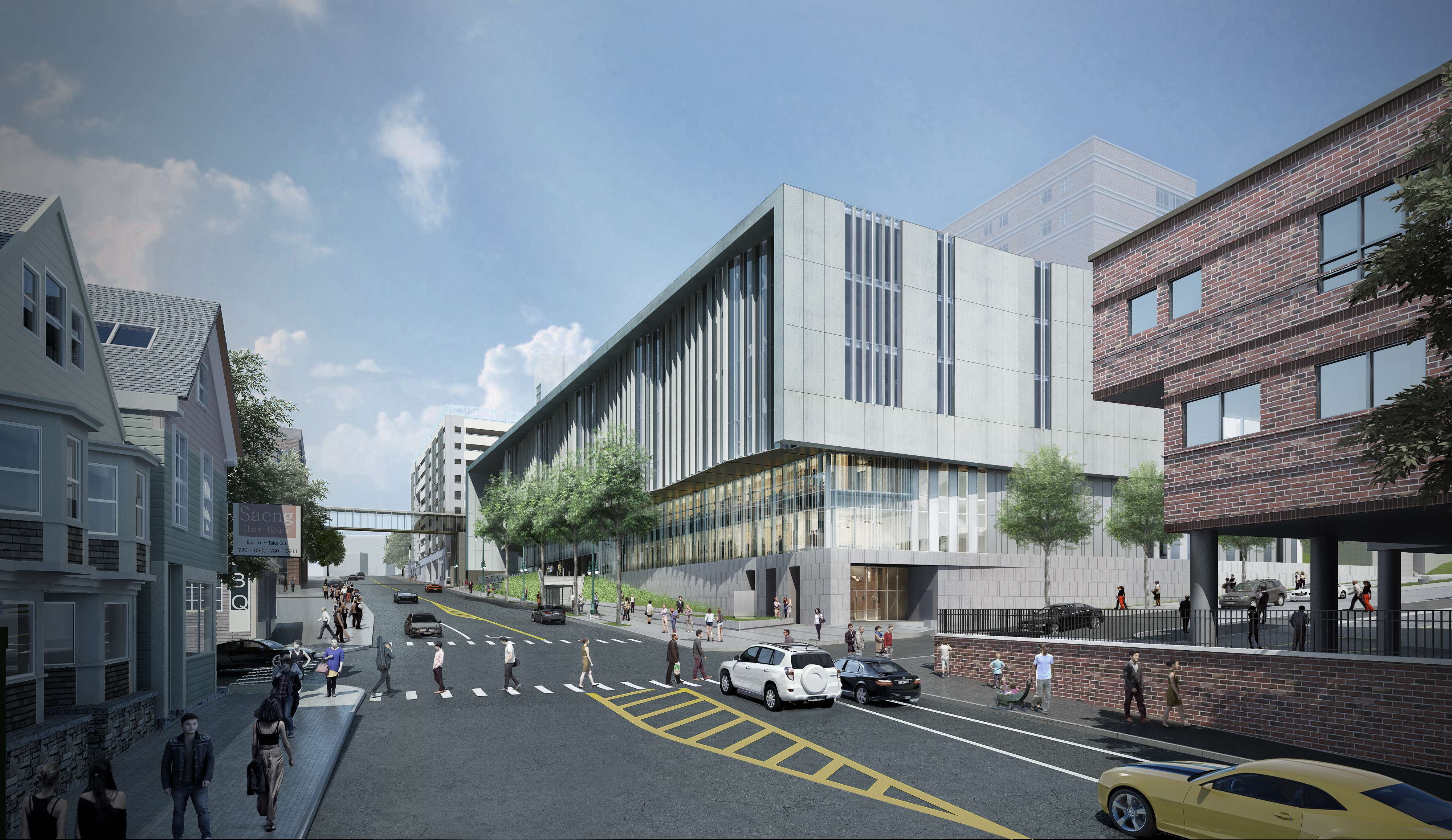 An architects rendering of a city street with old residential homes on the left and a new modern building on the right