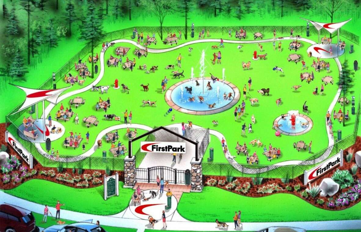 a drawing of a dog park with dozens of dogs and people, fountains and and winding path