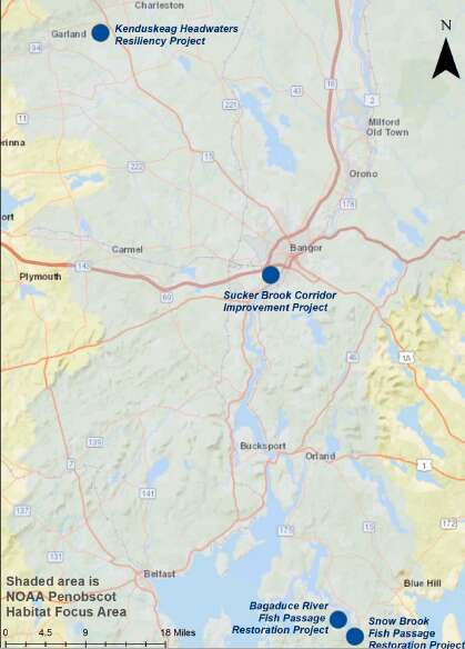 A map of Penobscot County in Maine shows the Kenduskeag headwaters resiliency project at the top, Sucker Brook Corridor Improvement project int he middle, just south of Bangor, and, at the bottom, Chevron oil tanks along the Penobscot River