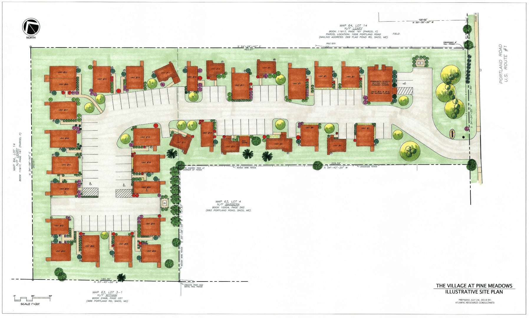 A rendering showing a narrow L-shaped lot with 32 cabins