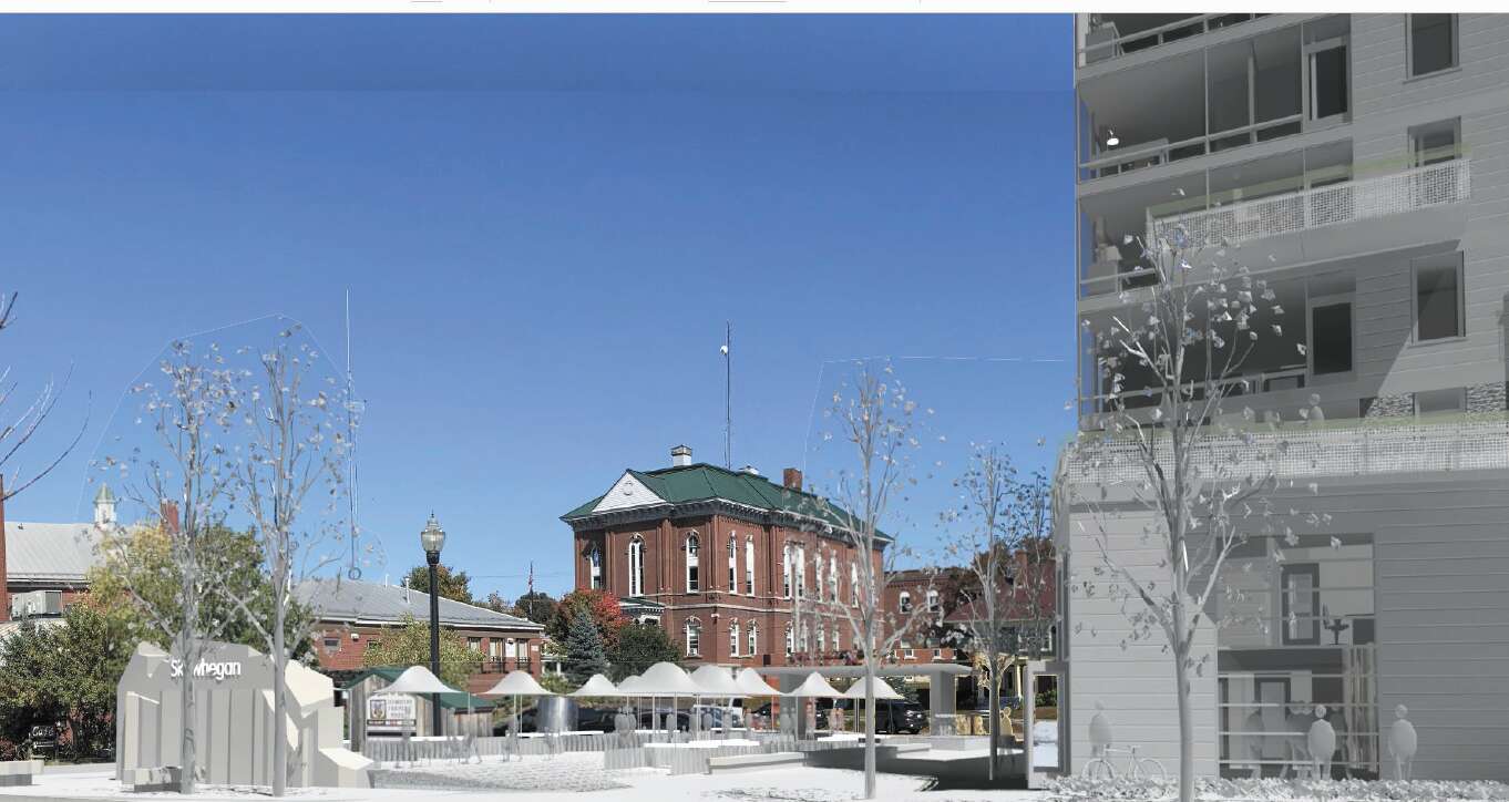 A rendering shows a pedeistrain plaza with a drawing of a modern building at the right and an old brick victorian building behind