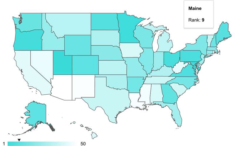 WalletHub map of U.S. states showing Maine as No 9