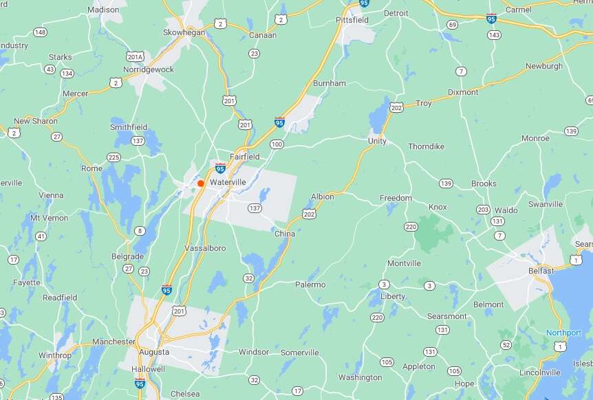 A map showing central Maine with a red dot at the intersection of Interstate 95 and Route 137, near Waterville