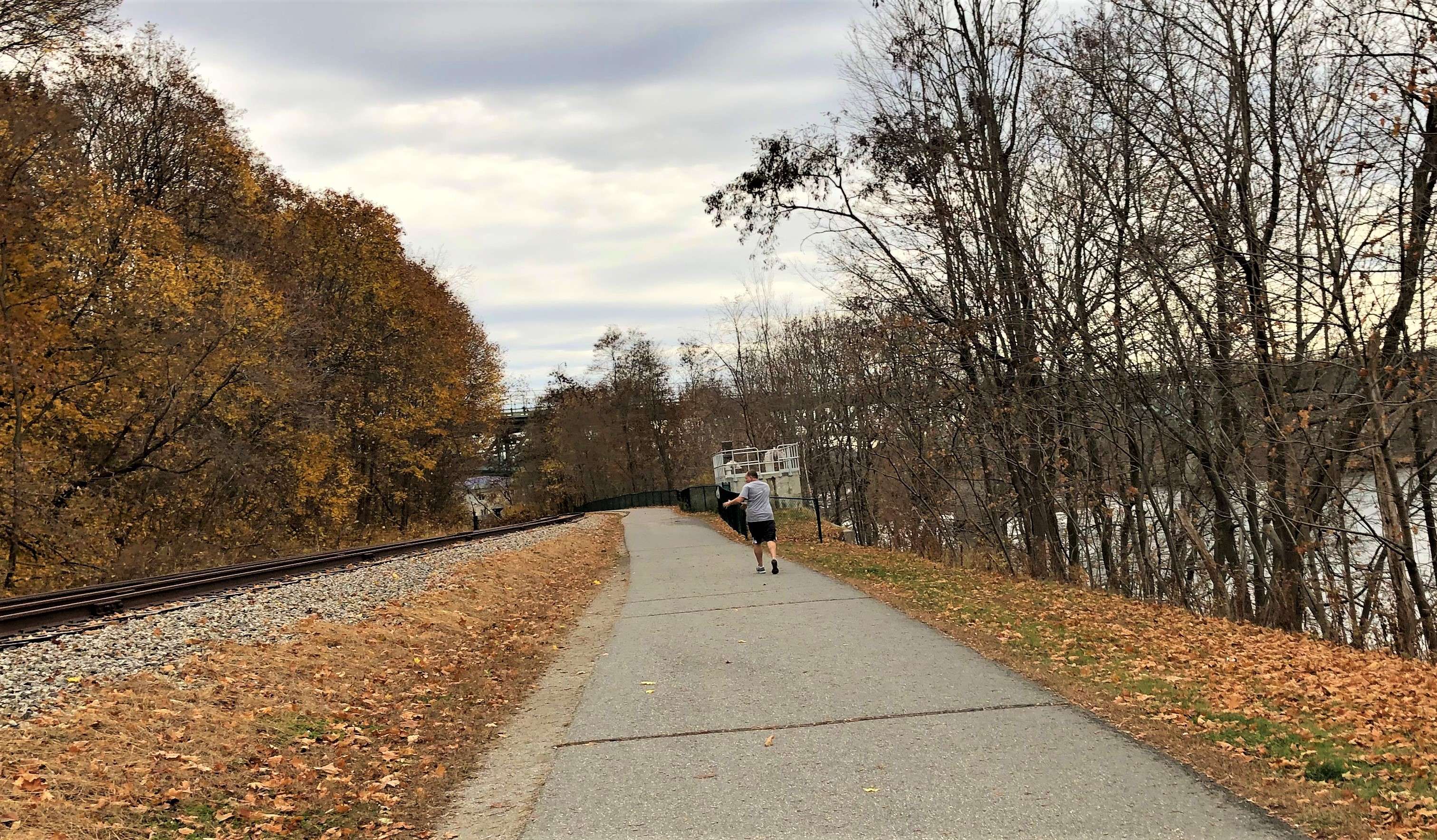 A man runs on a trail along a river, with a train track on the other side on a gray with leaves on the grass