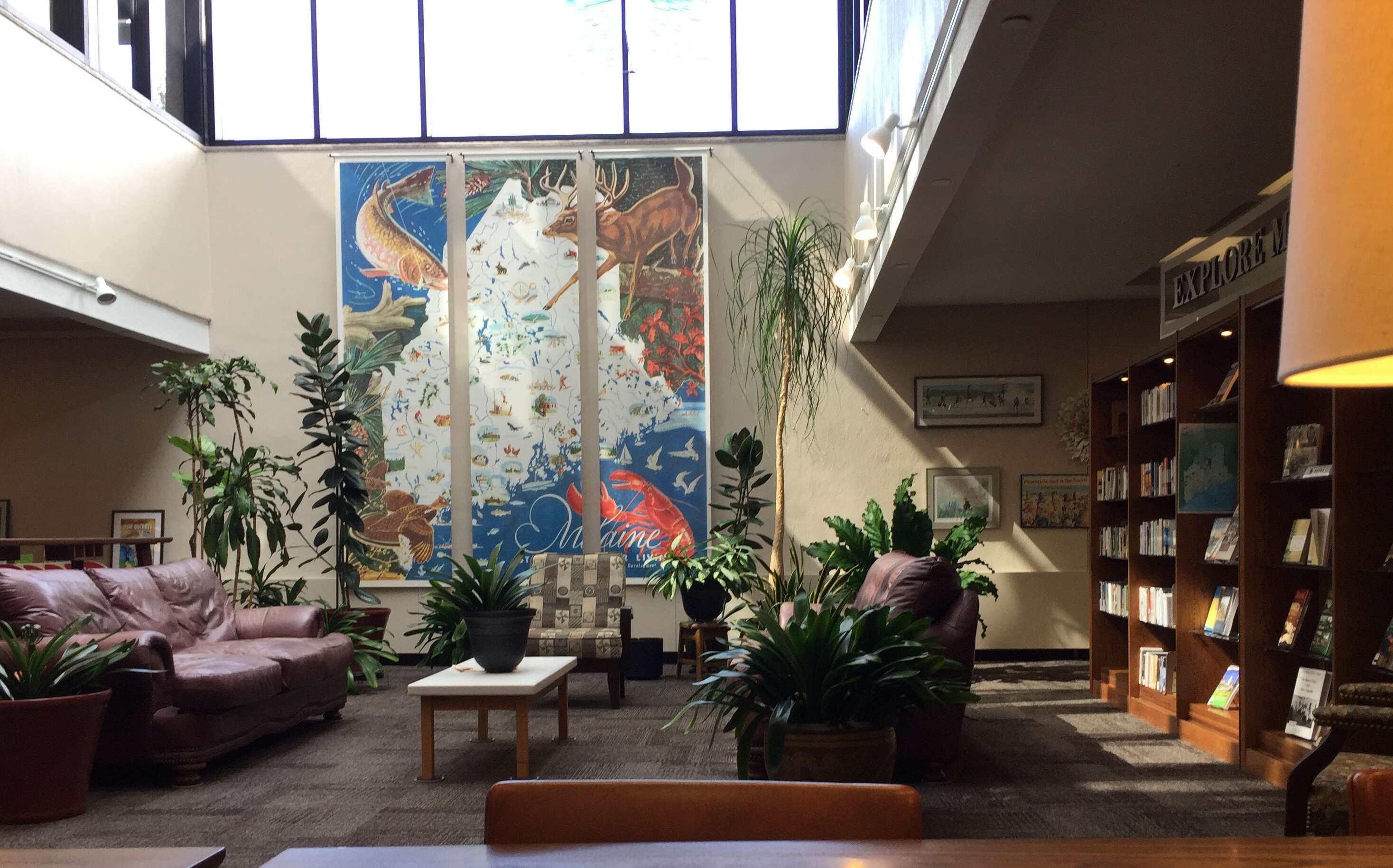 A room with couches and large book cases and a large map of Maine with sun coming in from a window above