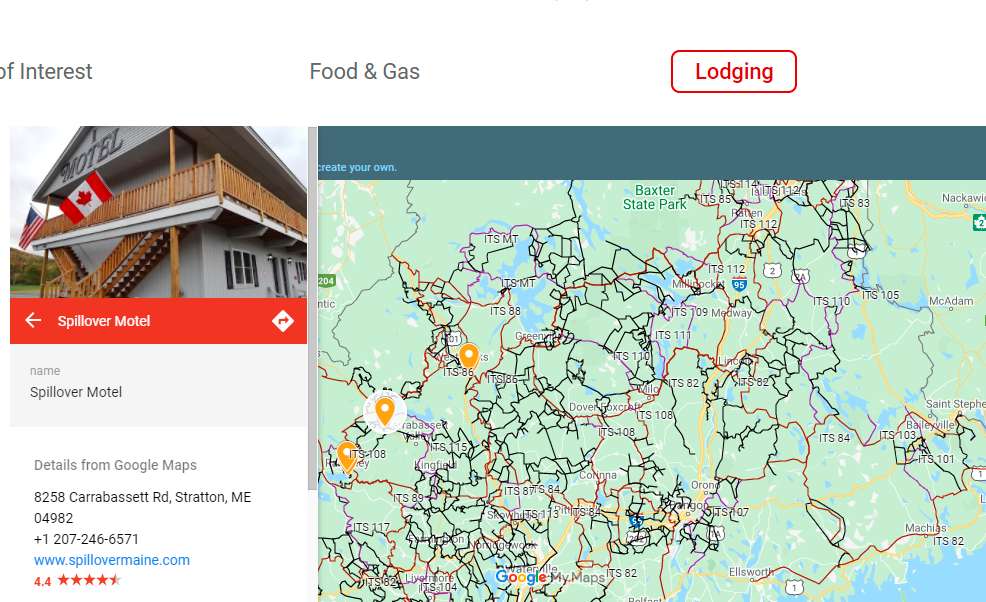 A map of maine has many trails and some points of interest icons and, to the right, info on the Spillover Inn in Stratton