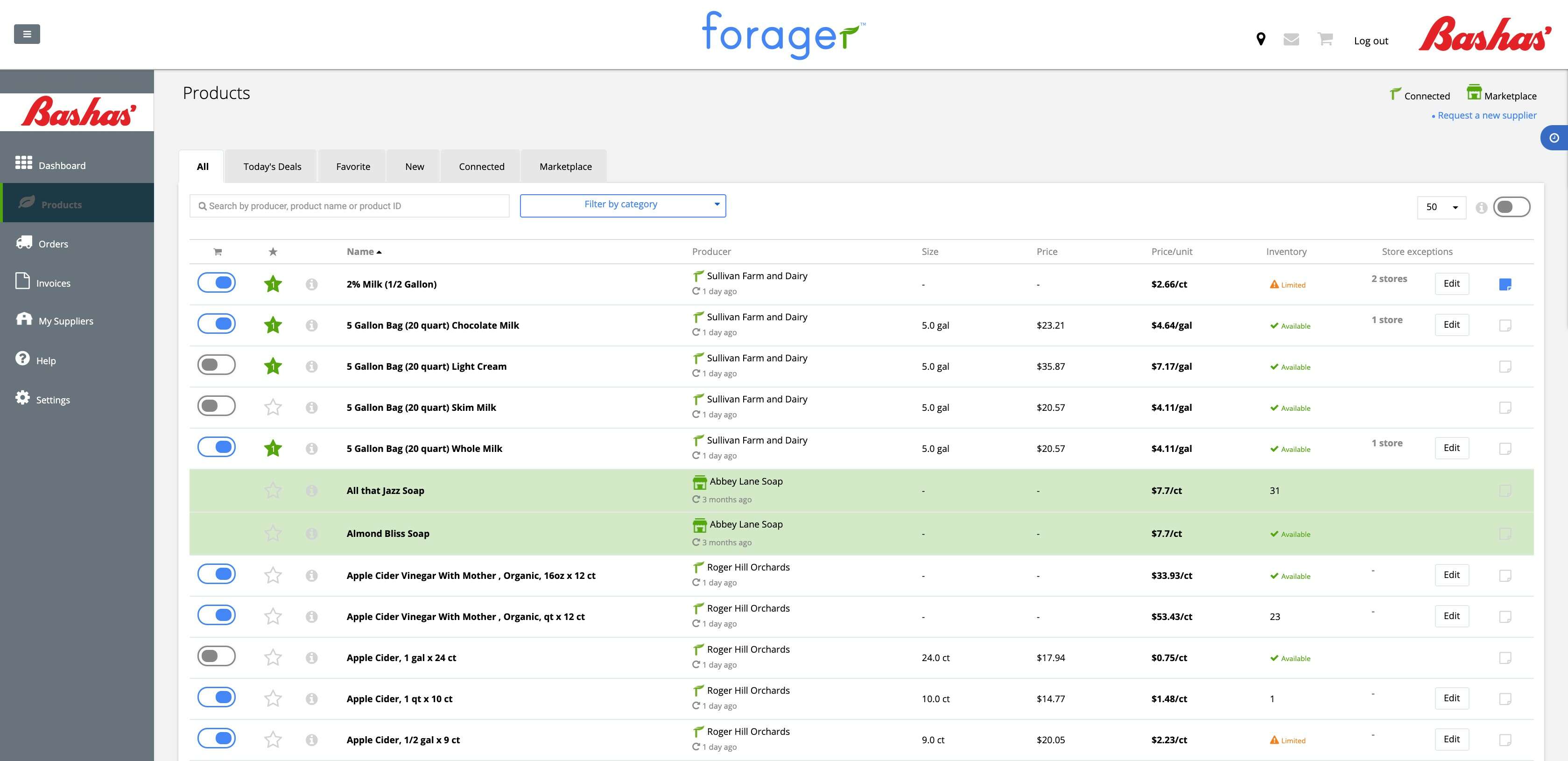 a screen shot of a computer dashboard shows a list of products, where they're from and how much they cost, it says basha's as well as forager at the top