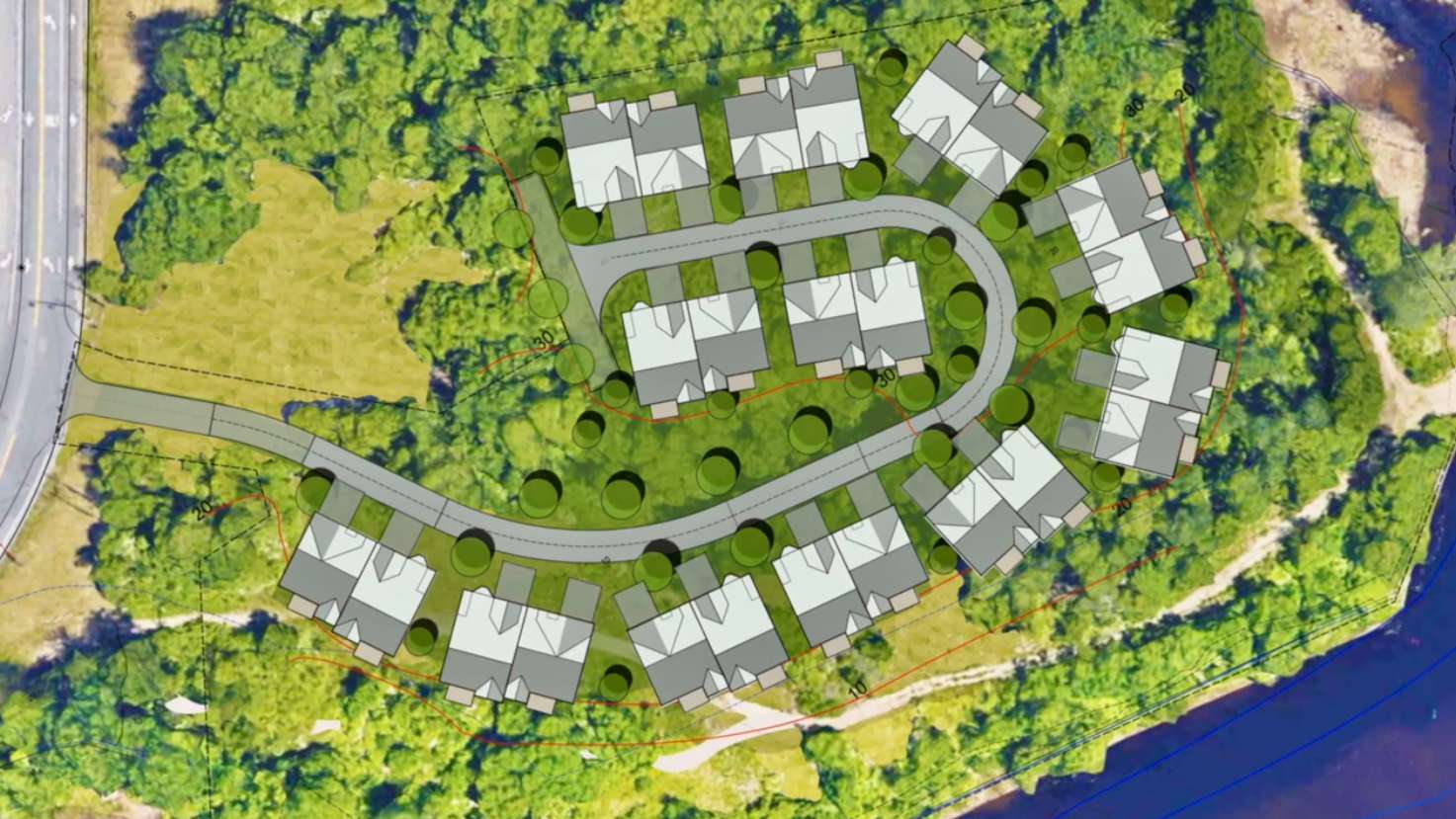 an aerial rendering wth 12 buildings in a semicircle on a peninsula with a lot of trees