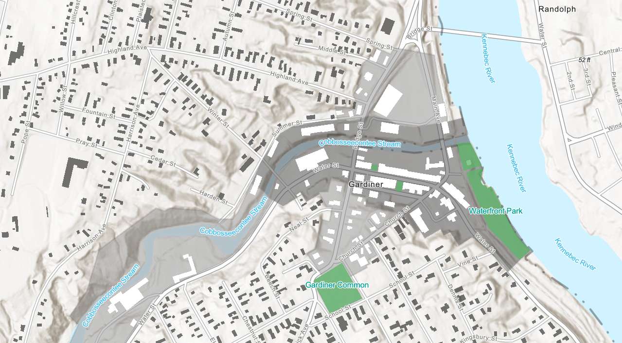 a map shows the city of gardiner maine with a shaded area along cobbosseecontee stream and downtown that includes Water and Chruch streets