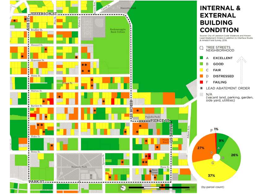 a multi-colored map showing housing conditions in Lewiston's tree steets neighborhood with the majority of the housing in fair, distressed or failing condition
