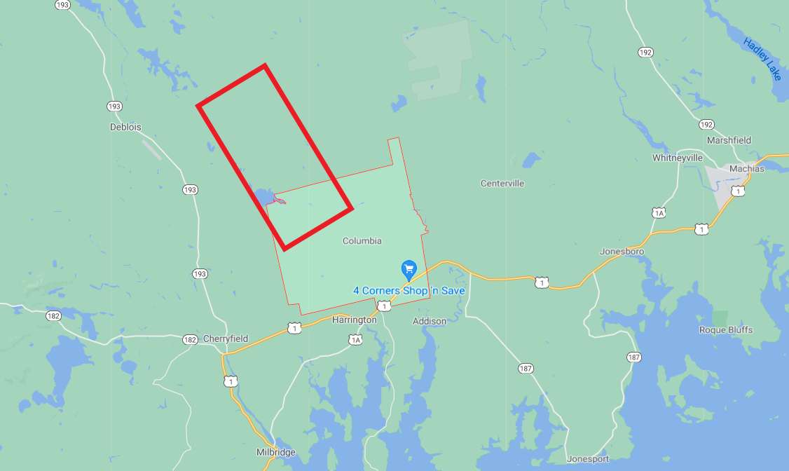 a map of downeast maine showing the town of milbridge at the bottom and US route 1 crossing the bottom, with a red rectangle across the town of columbia and north of it