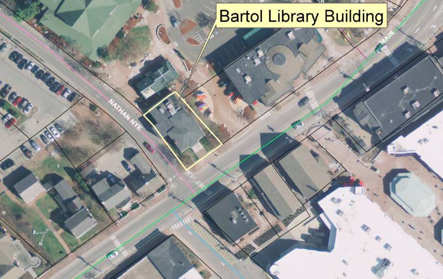 an aerial map has an arrow pointing to a building at the corner of Nathan Nye and Main Street in Freeport Maine that says Bartol Library building
