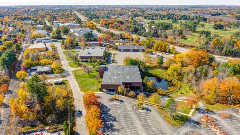 aerial of buildings with trees