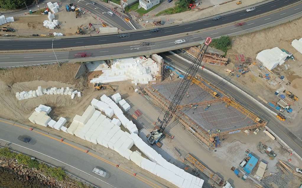 aerial view of highway bridge under construction