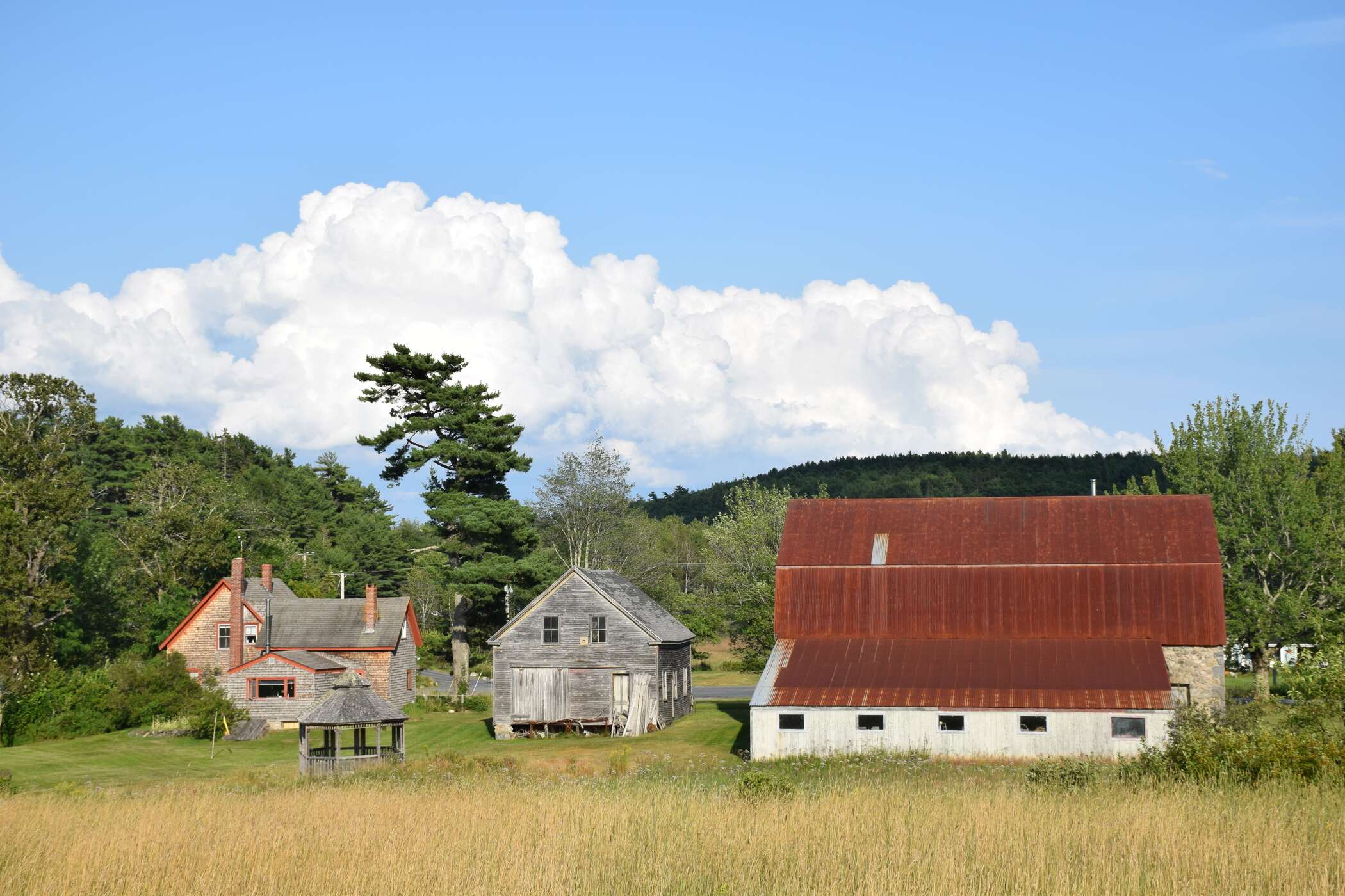 buildings, field, clouds