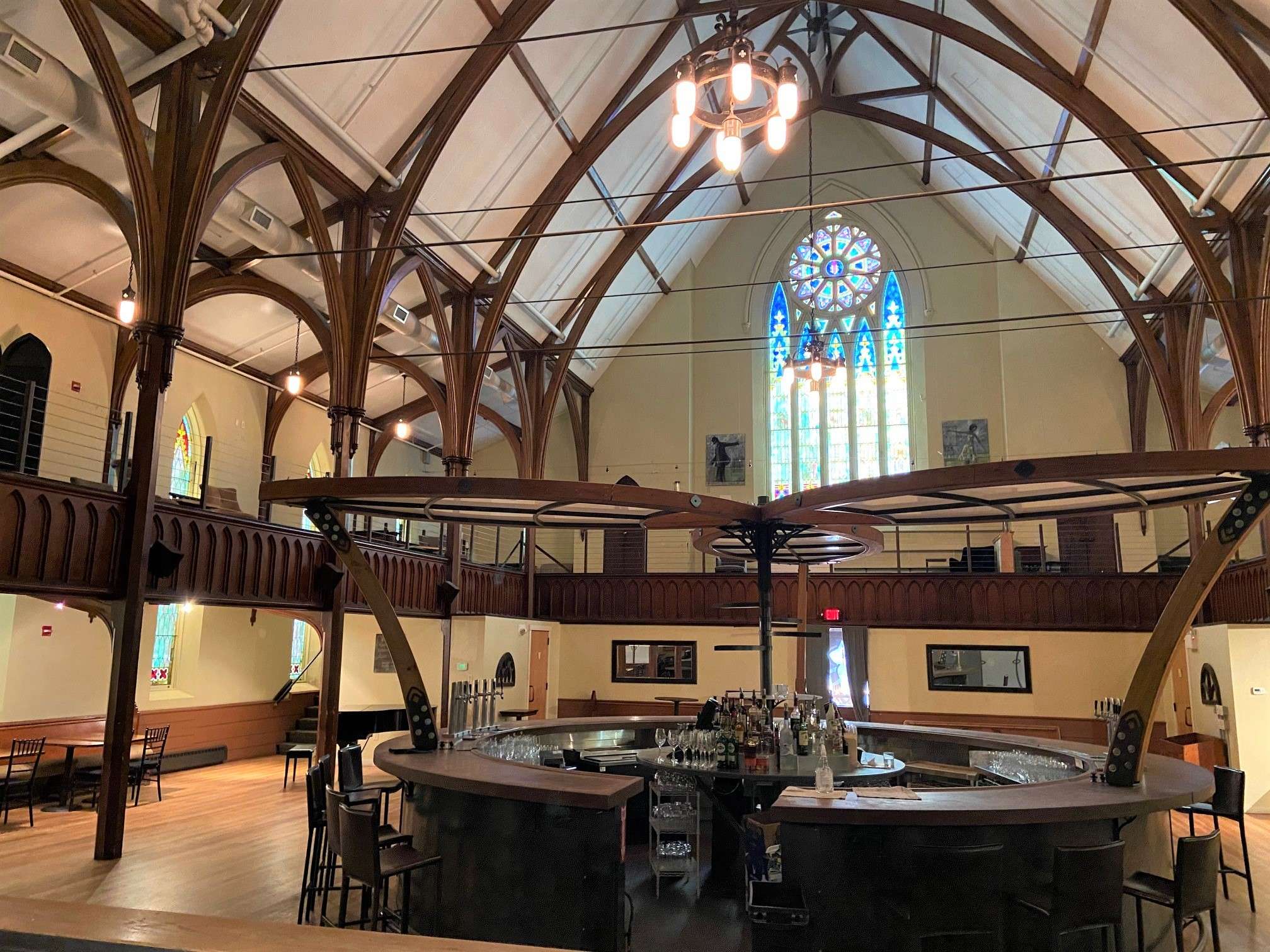 catherdral interior with stained glass windows and bar