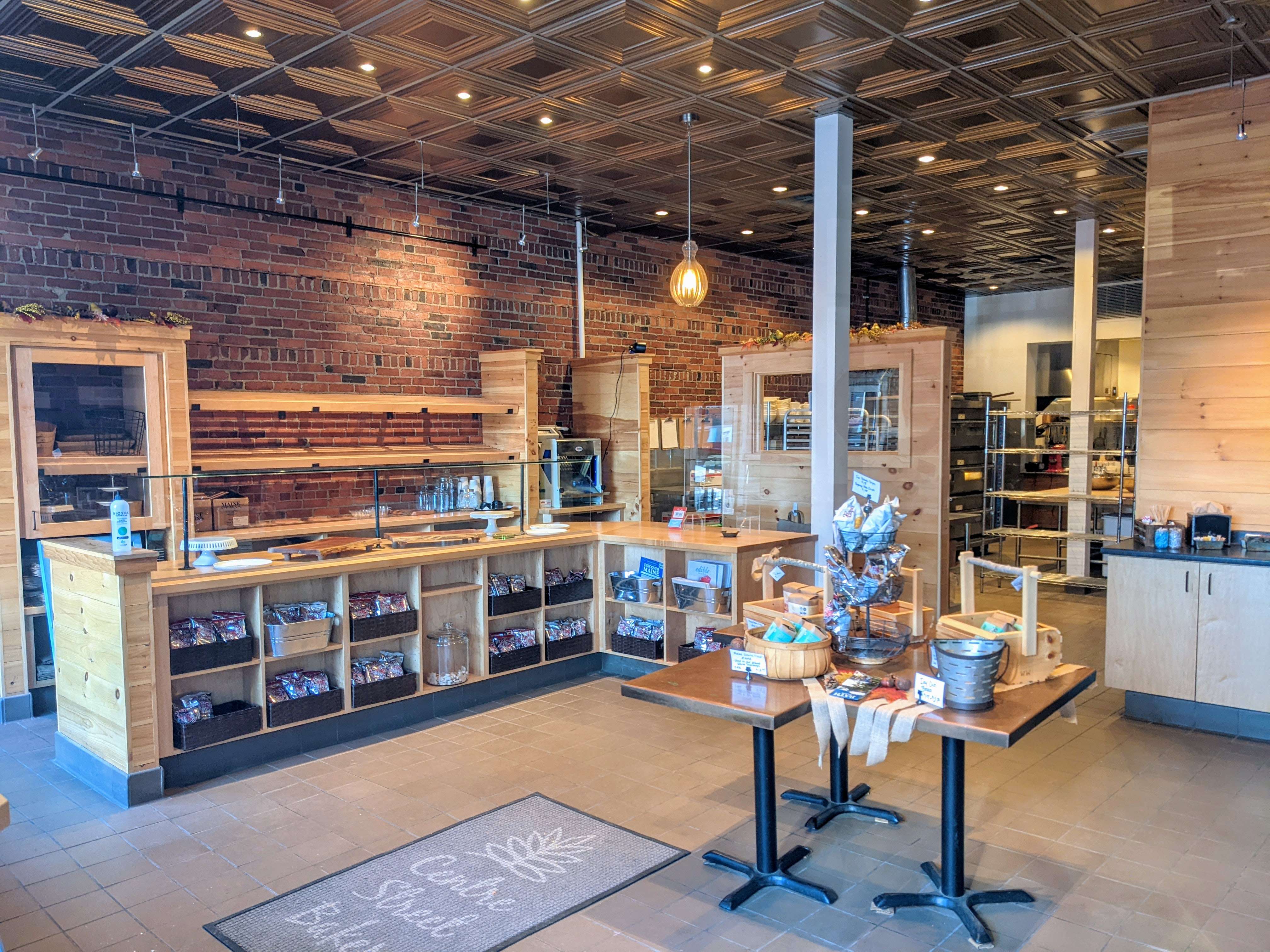 shop interior with brick walls and table