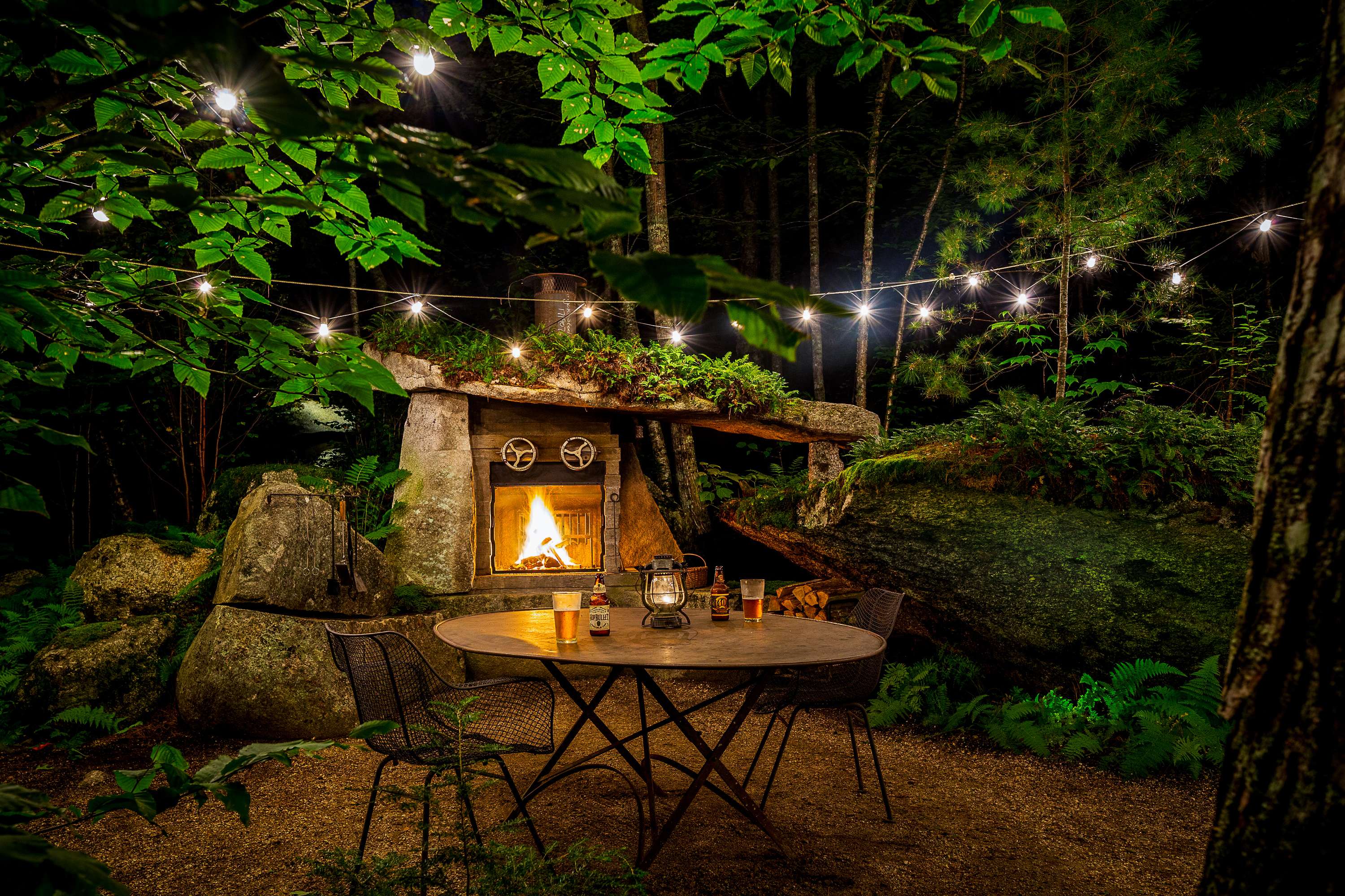 stone fireplace and table and chair