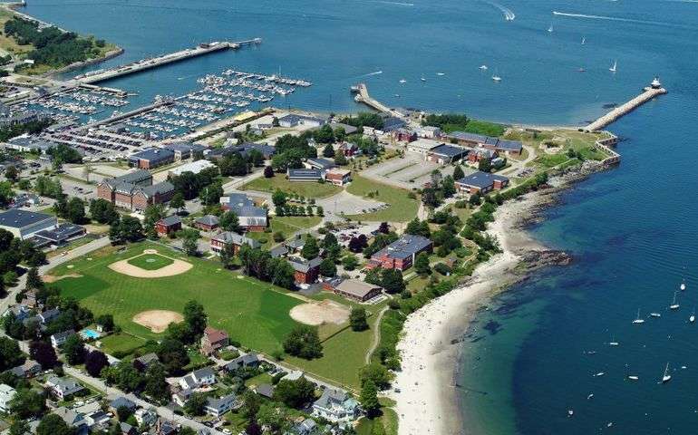 aerial of college campus and water