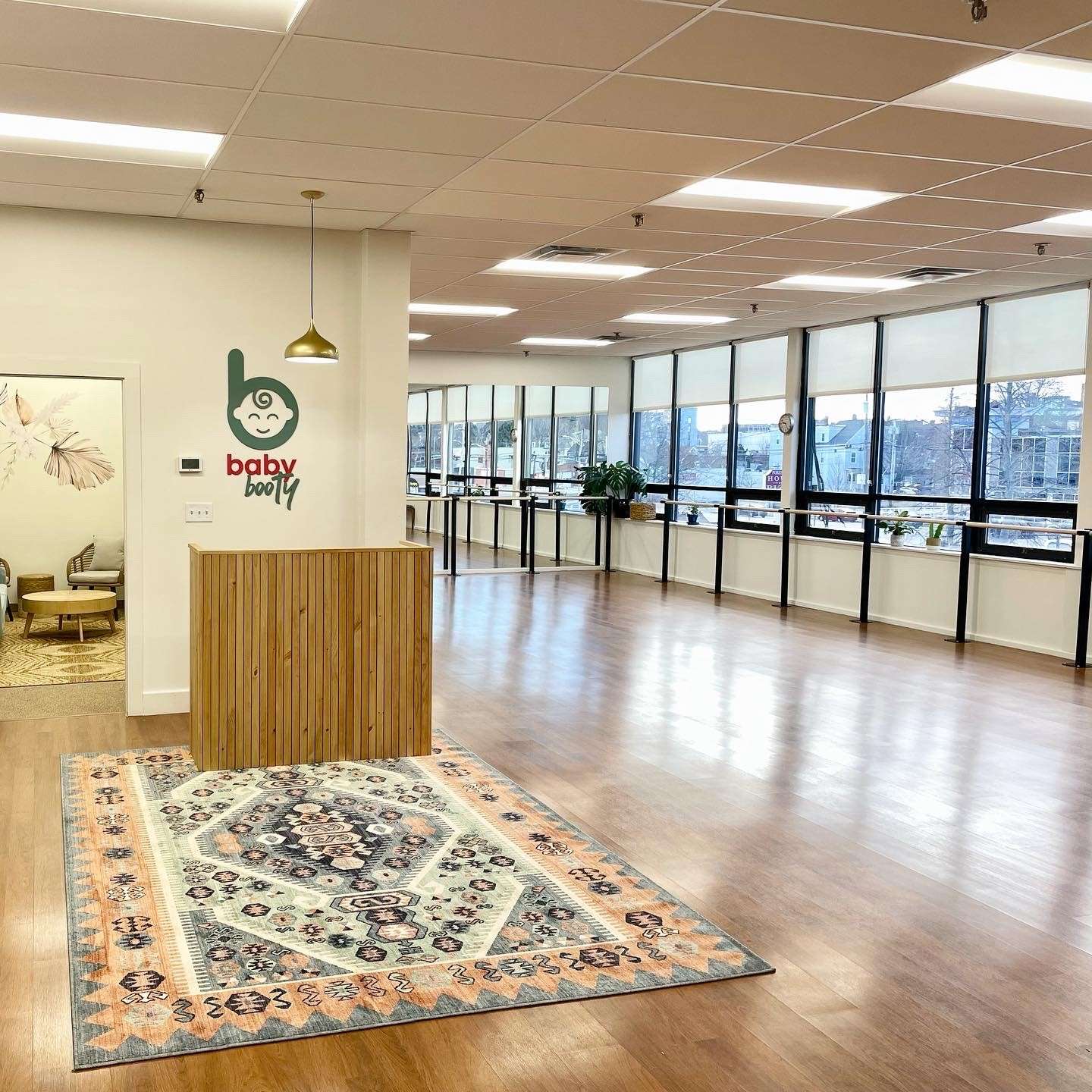 empty room with wood floor and windows and rug