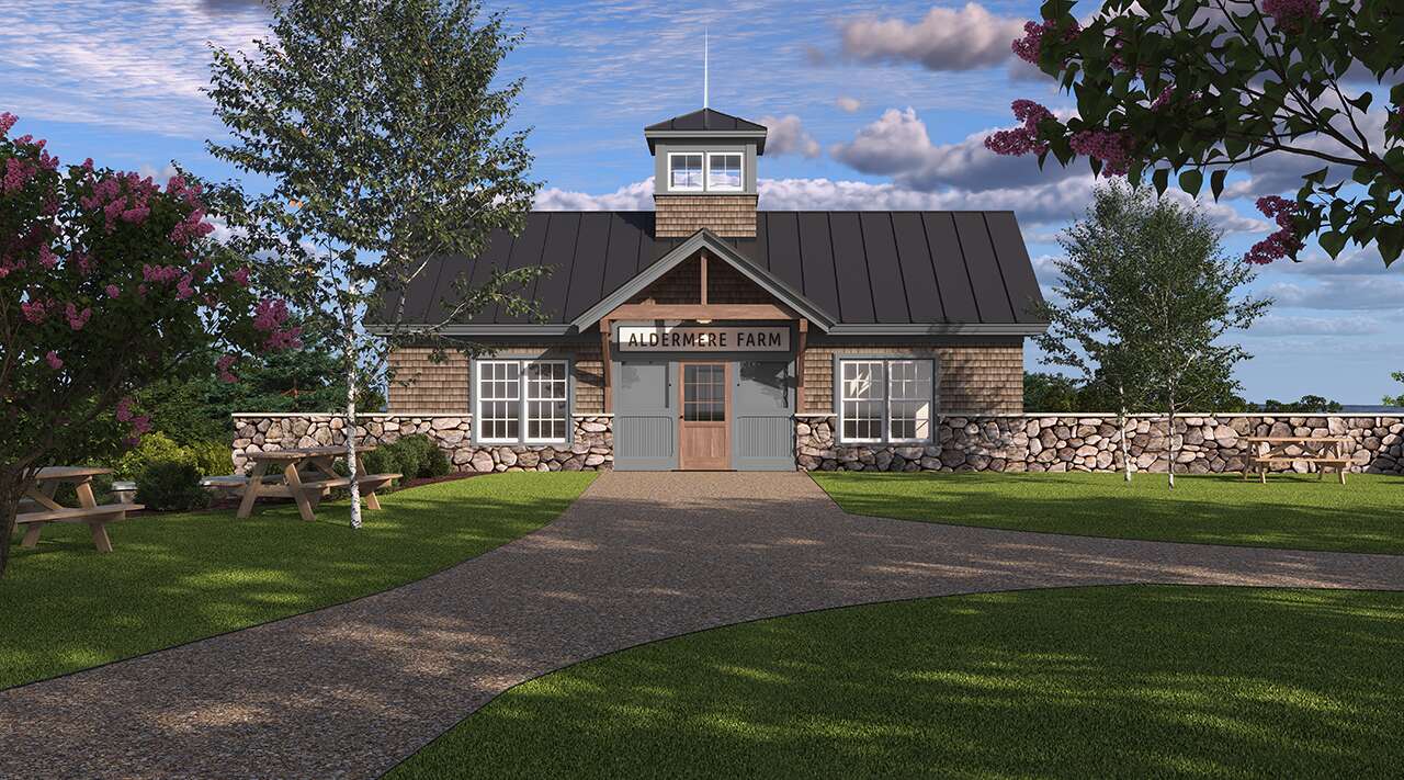 rendering of barn like building and stone wall
