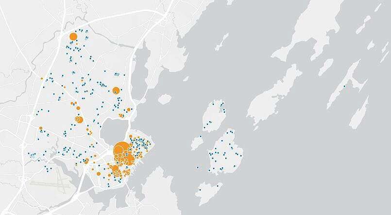 map with colorful dots