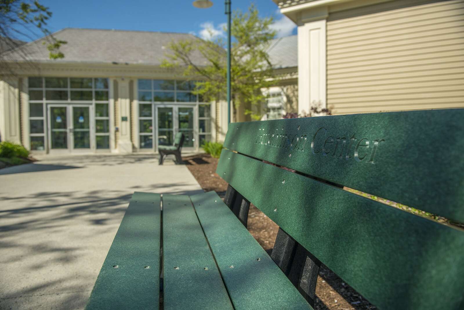 building entry and park bench