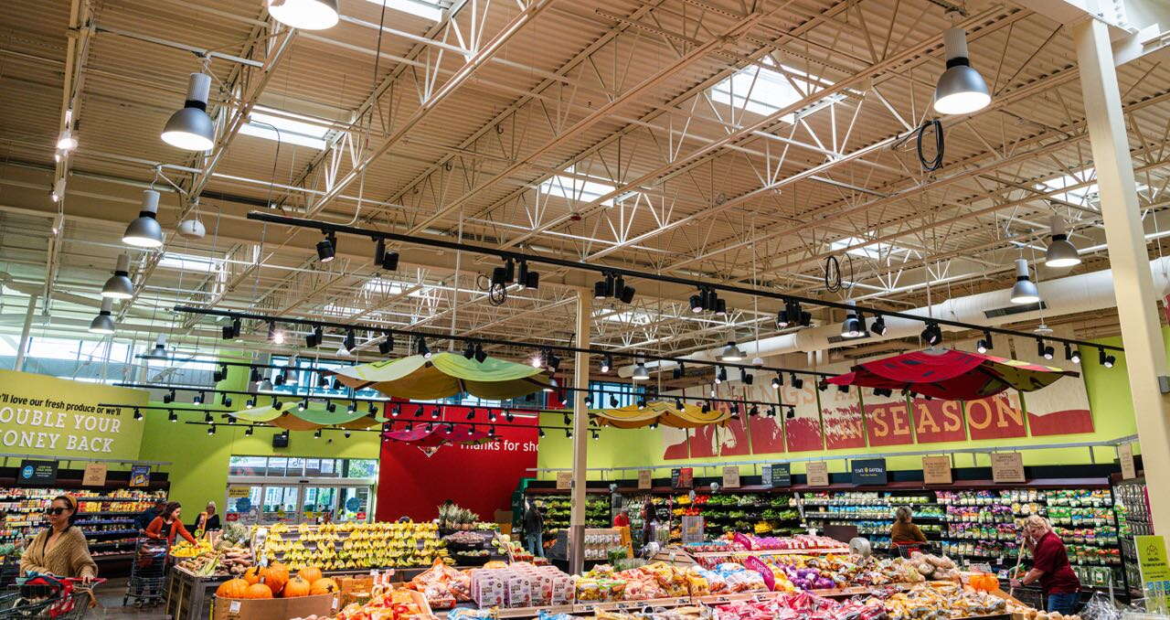 supermarket interior with lights and products