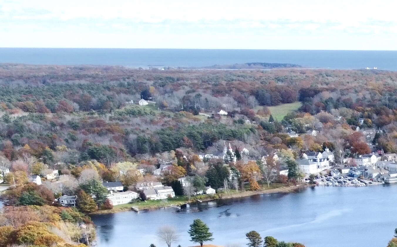 aerial of bulidings, trees, roads and red dots and circle