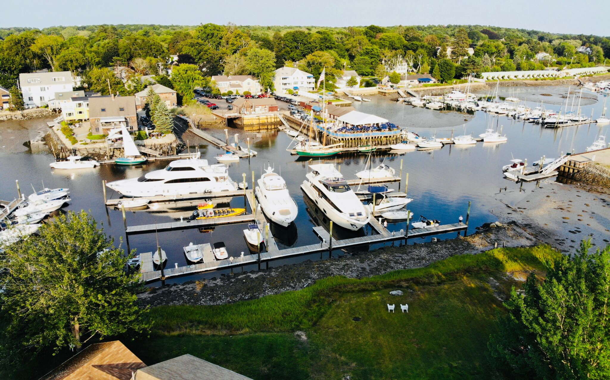 aerial of boats, docks and water