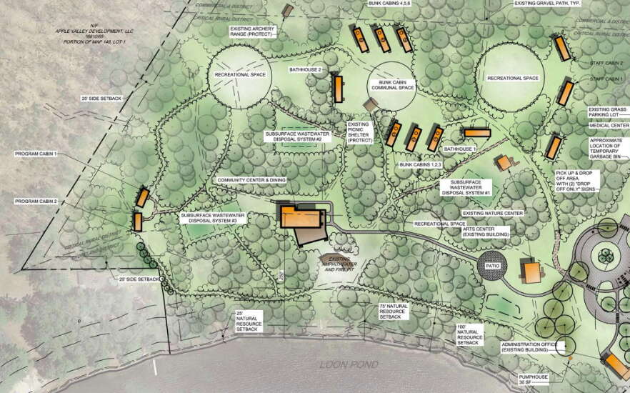 A drawing shows an aerial view of rehab and construction at The Kita Center in Acton.
