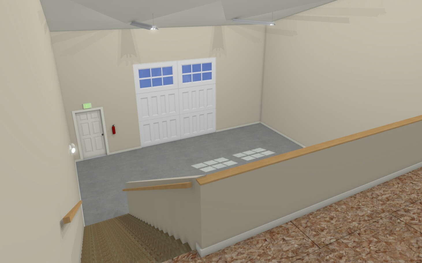 This rendering shows a view from the second story down to the entry door.