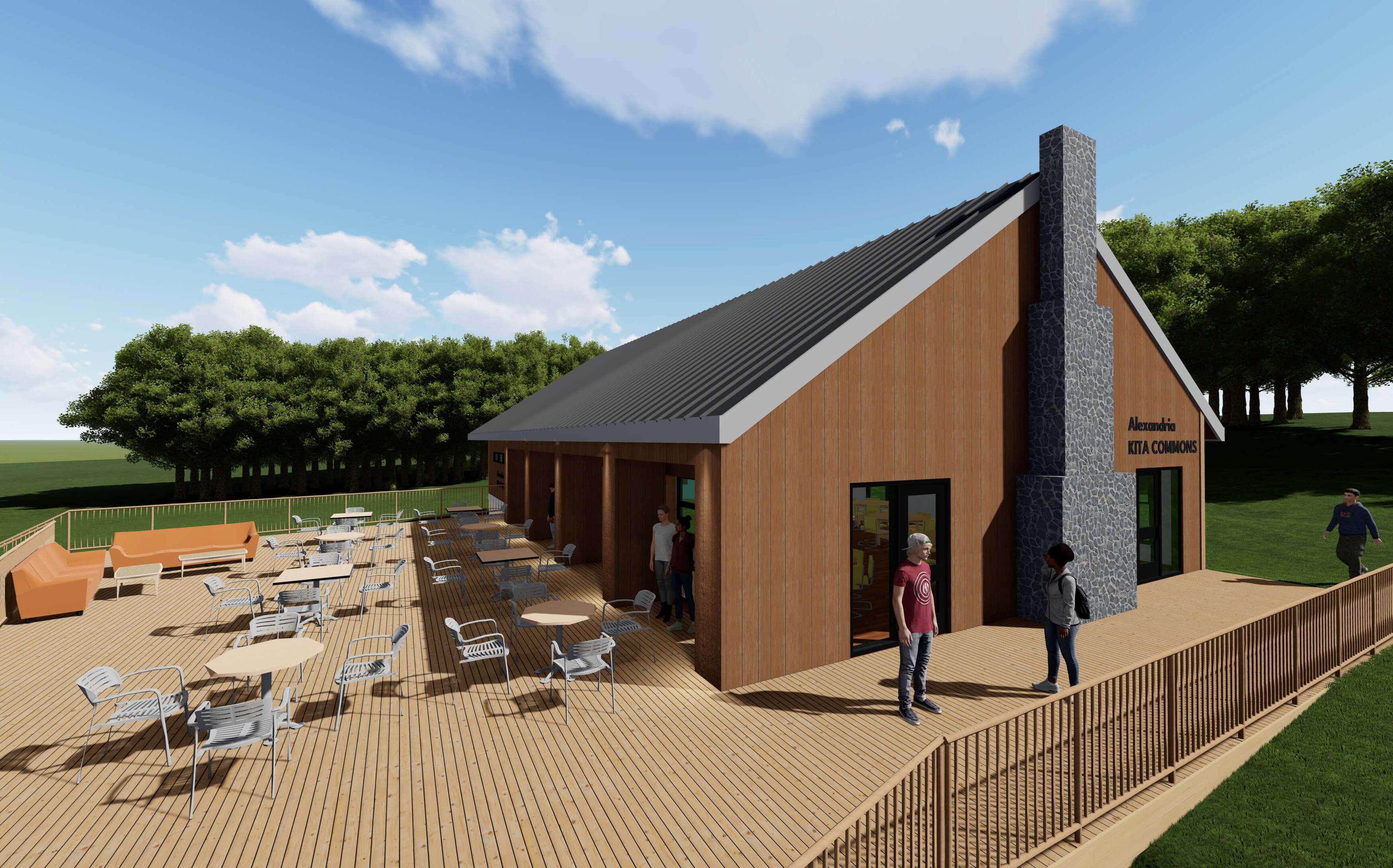 An illustratino shows a brown building and a big deck.