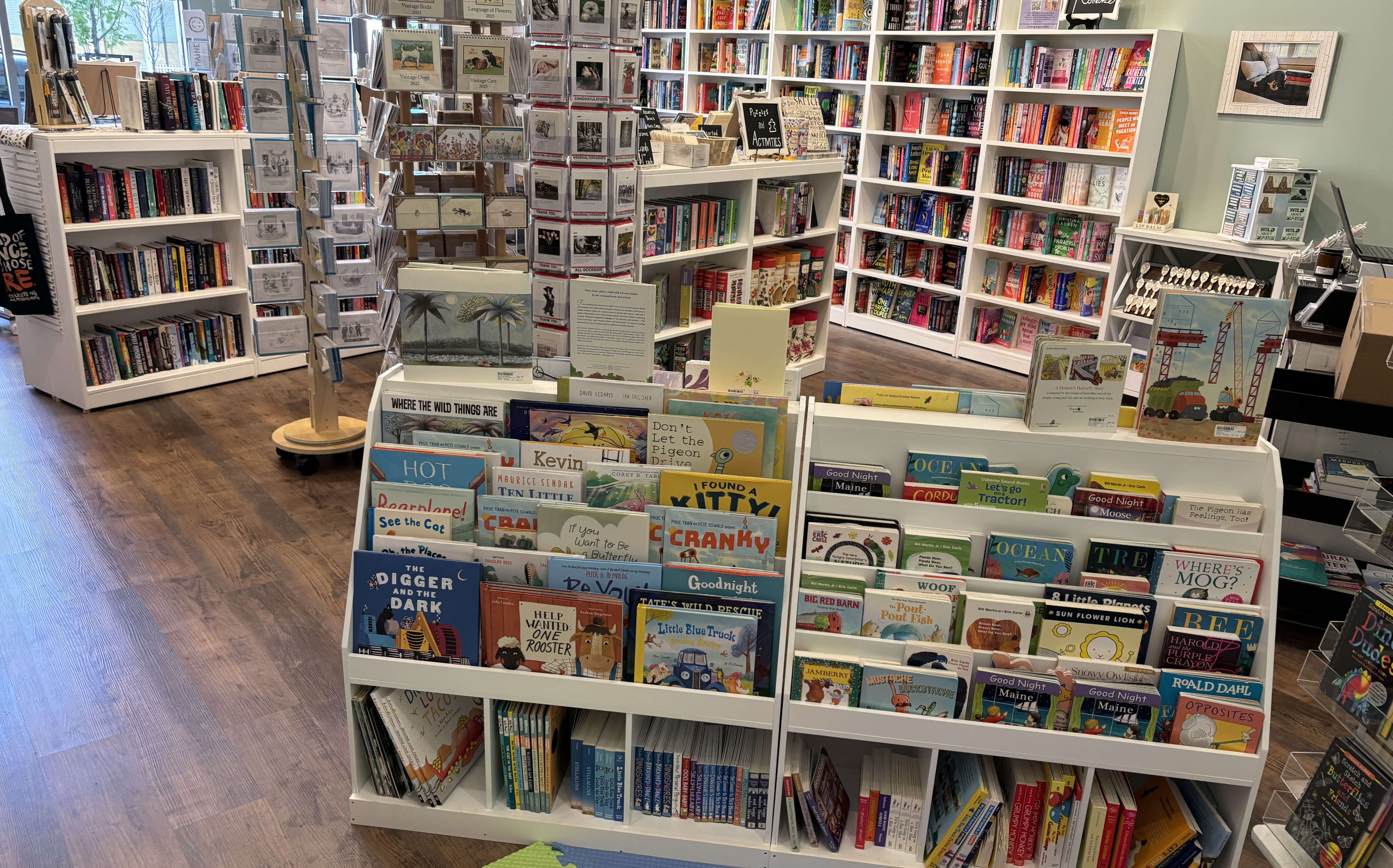 A bookstore in Waterville is full of shelved books.