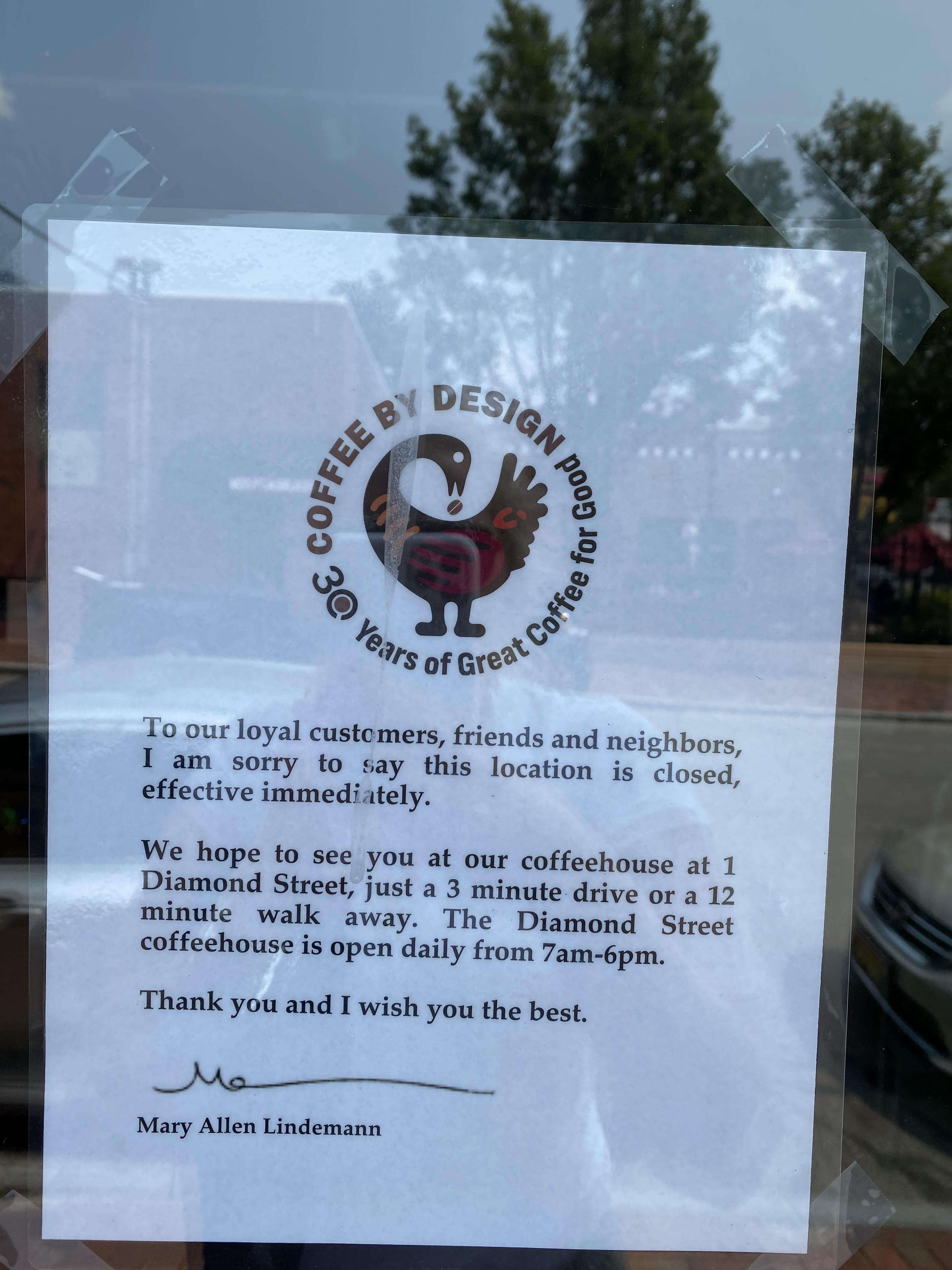 Sign on Coffee By Design window
