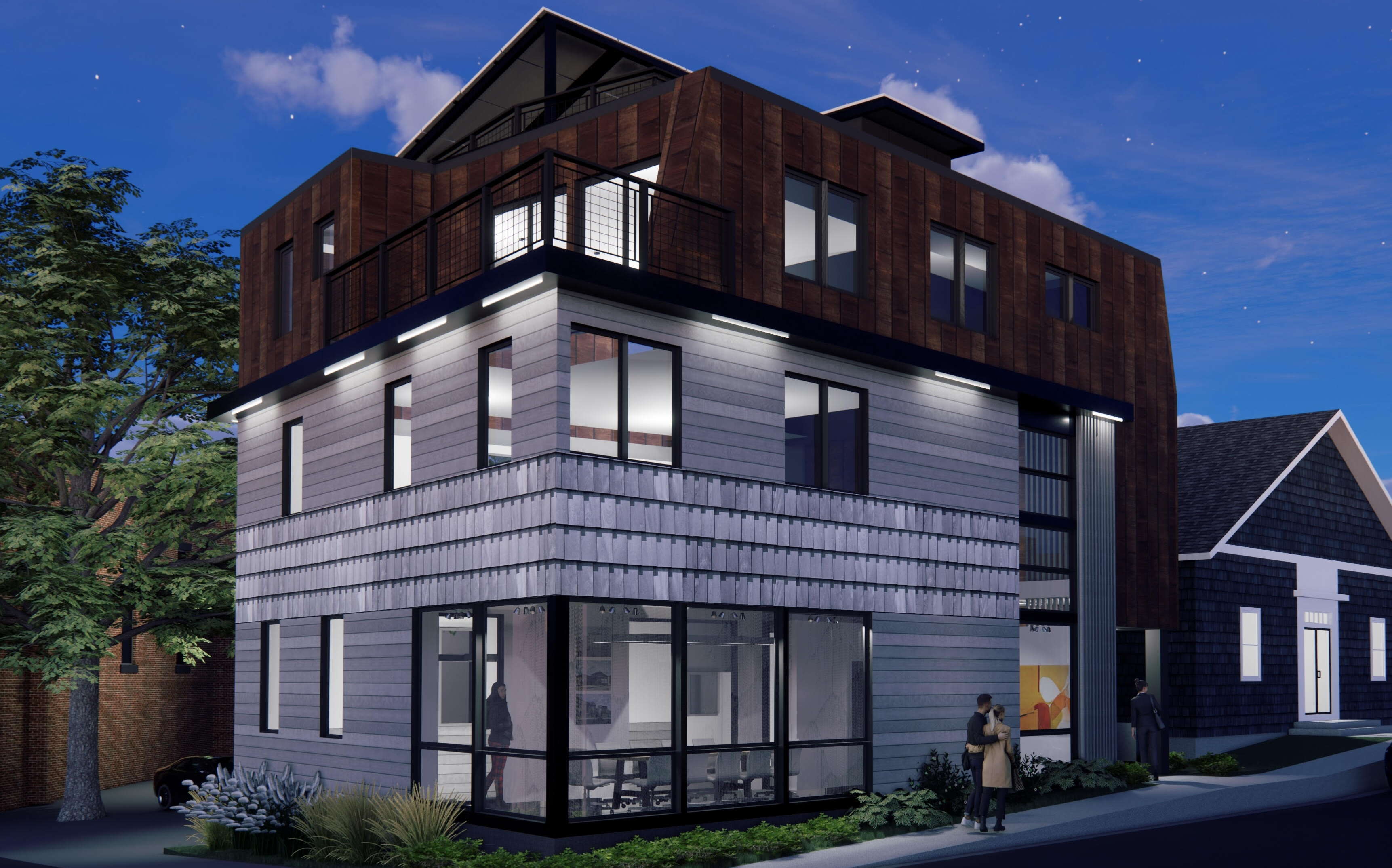 Winter Hilben building at night rendering