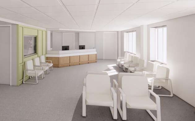 A rendering shows a waiting room.