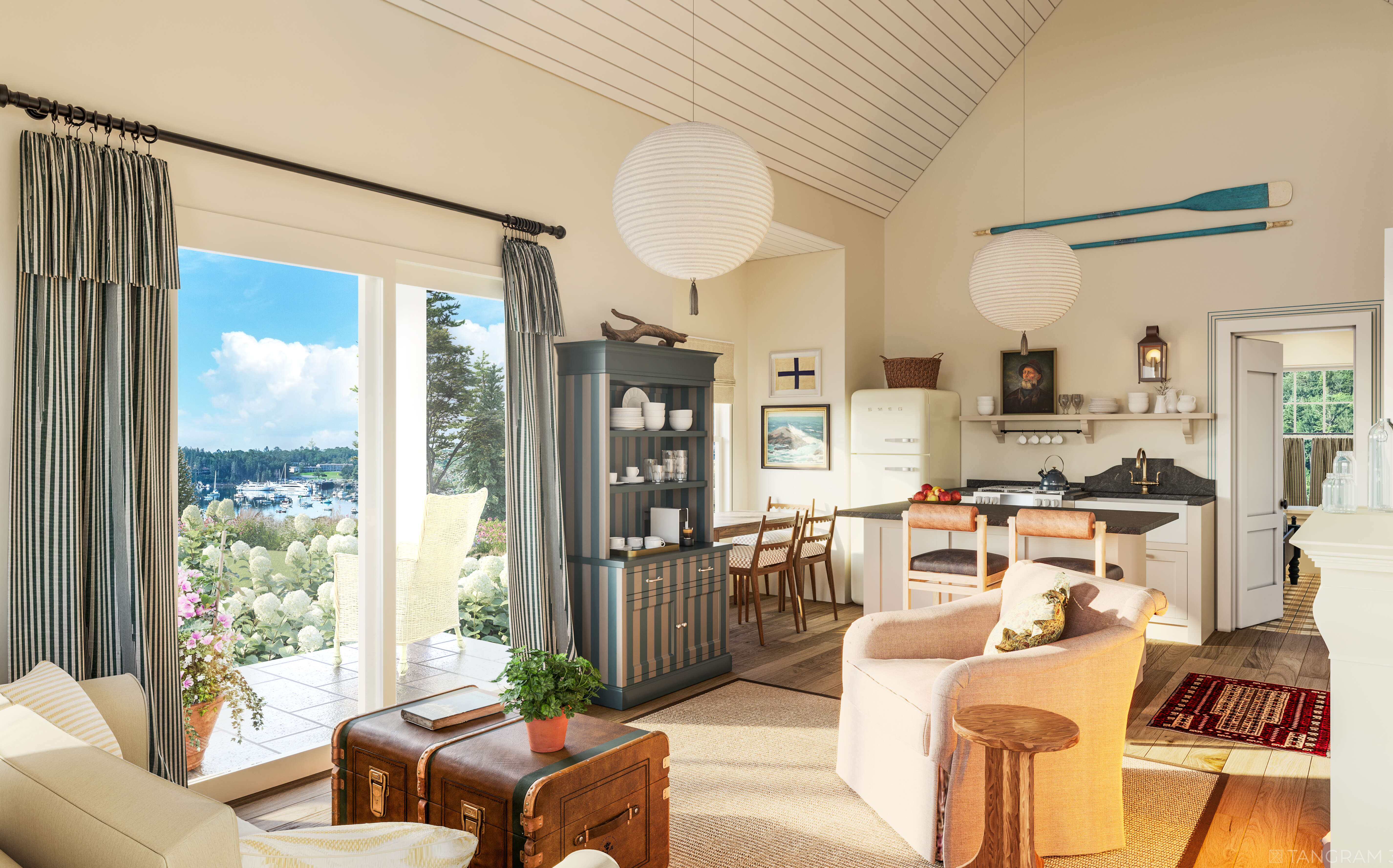 A room has lots of furnishings and big windows.