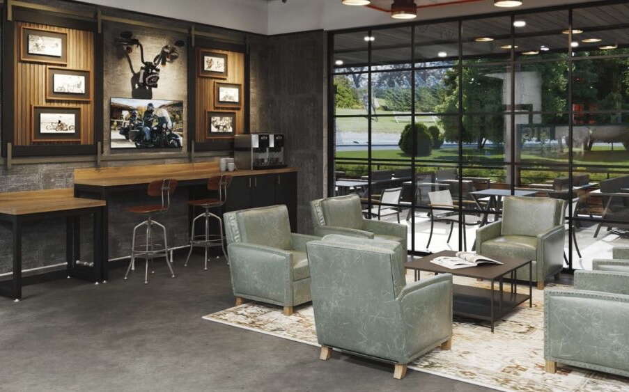 A rendering of a store interior shows counters and seating.