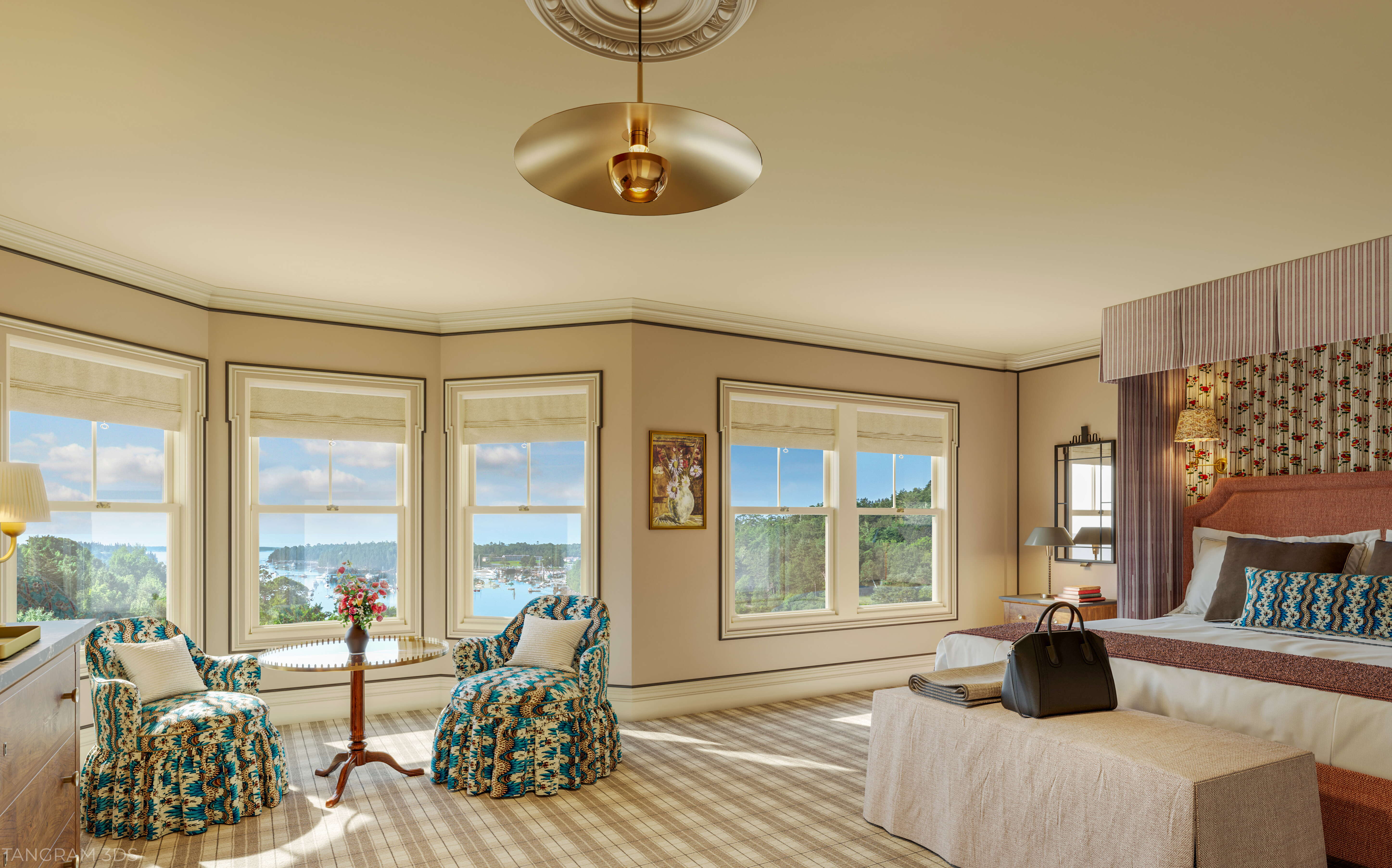 A bedroom with water views.